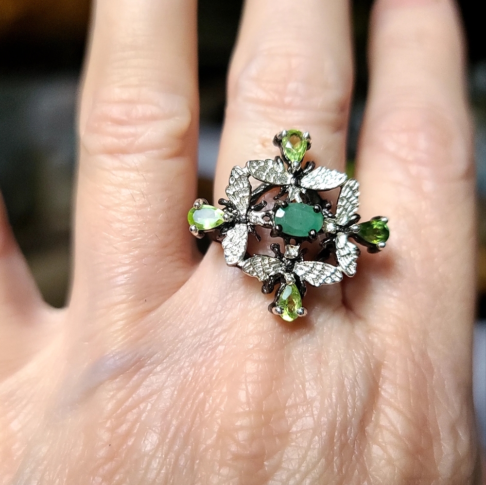 Emerald & Peridot sterling & Rhodium butterfly 🦋 ring sz6.5 - Picture 5 of 9